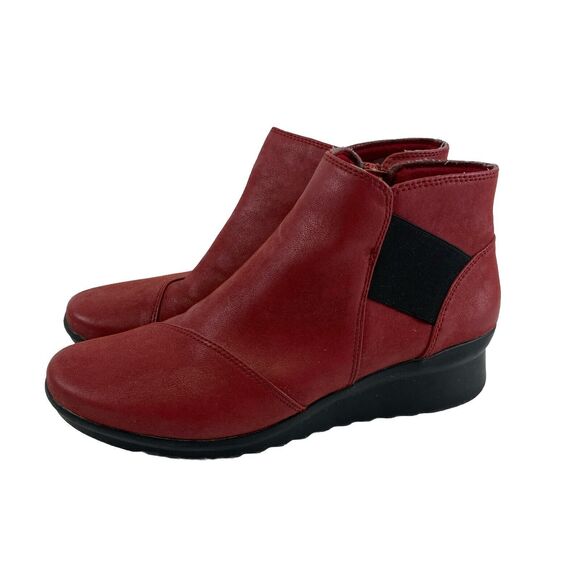 Clarks Cloudsteppers Wedge Bootie Red Faux Leather Zip Ankle Boot Gore Women 9.5 - Picture 1 of 12